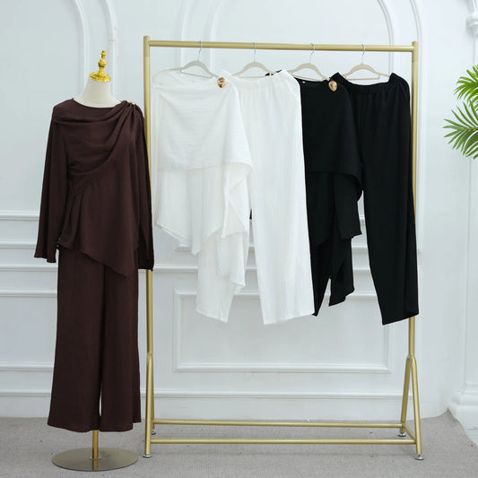 2 Piece Set for Muslim Women Long Sleeve Cinkle Tops and Pants Sets Turkey Abaya Islamic Clothing Outfits Arab Kaftan Tracksuit