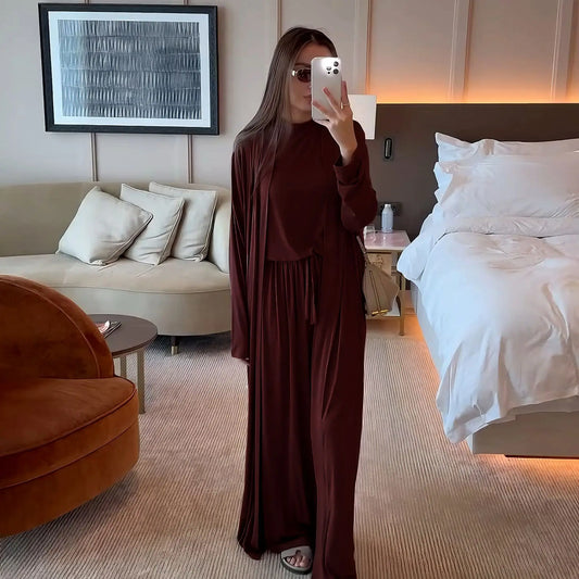 3Pcs Eid Muslim Sets for Women Long Cardigan Kimono Tops Pants Islam Clothing Kaftan Abaya Tracksuit Femme Musulmane Ensembles