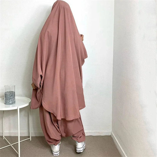 2 Piece Set Prayer Clothing Full Cover Abaya Dress Eid Hooded Ramadan Muslim Islamic Long Khimar Gowns Women Baggy Harem Pants