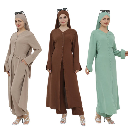 2 Piece Open Buttons Abaya with Pant Set Muslim Fashion Suit Islamic Clothes Abayas for Women Dubai Luxury Kaftan Robe Arab Gown
