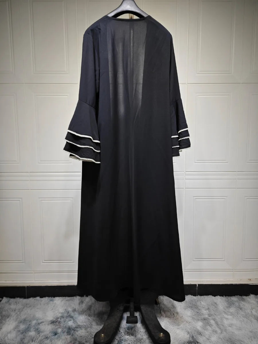 Eid Party Abaya for Women Muslim Cardigan Beading Flare Sleeve Black Abayas Jalabiya Morocco Kaftan Vestidos Dubai Ramadan Robe