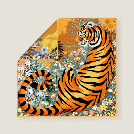 70CM Curled Edge Twill Silk Square Scarf Women Double Side Jungle Tiger Printed Scarves Wraps Echarpes Foulards Femme Hijabs