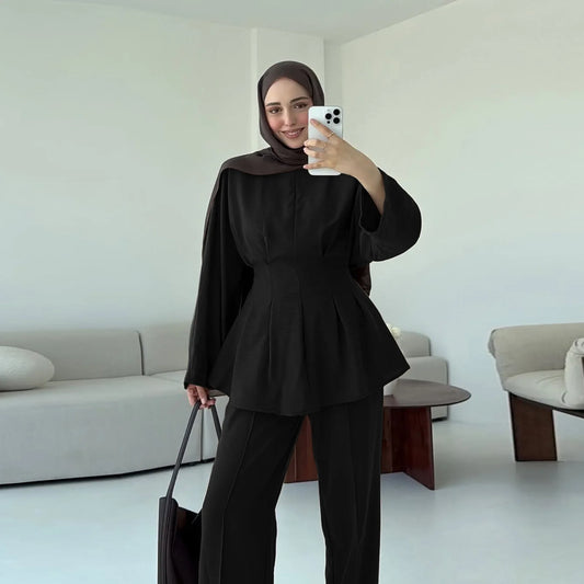 2PCS Women Tops Trouser Suit Wide Leg Pants Muslim Set Dubai Abaya Turkey Kaftan Eid Islam Clothing Tracksuit Ensembles Outfits