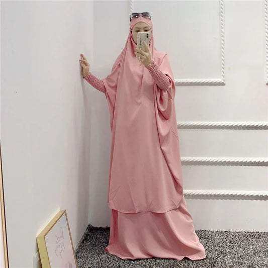 2 Piece Set Muslim Women Prayer Garment Dress Overhead Hijab Long Khimar Abaya Caftan Ramadan Skirt Abayas Islamic Clothes Niqab