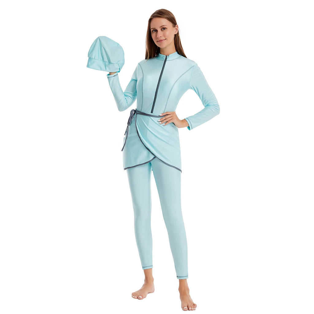 H1030 Muslim Women Full Coverage 3 PCS Swimming Clothes Arab Lady Long Sleeves Color-mathcing Bathing Suit Skirt and Cap Set