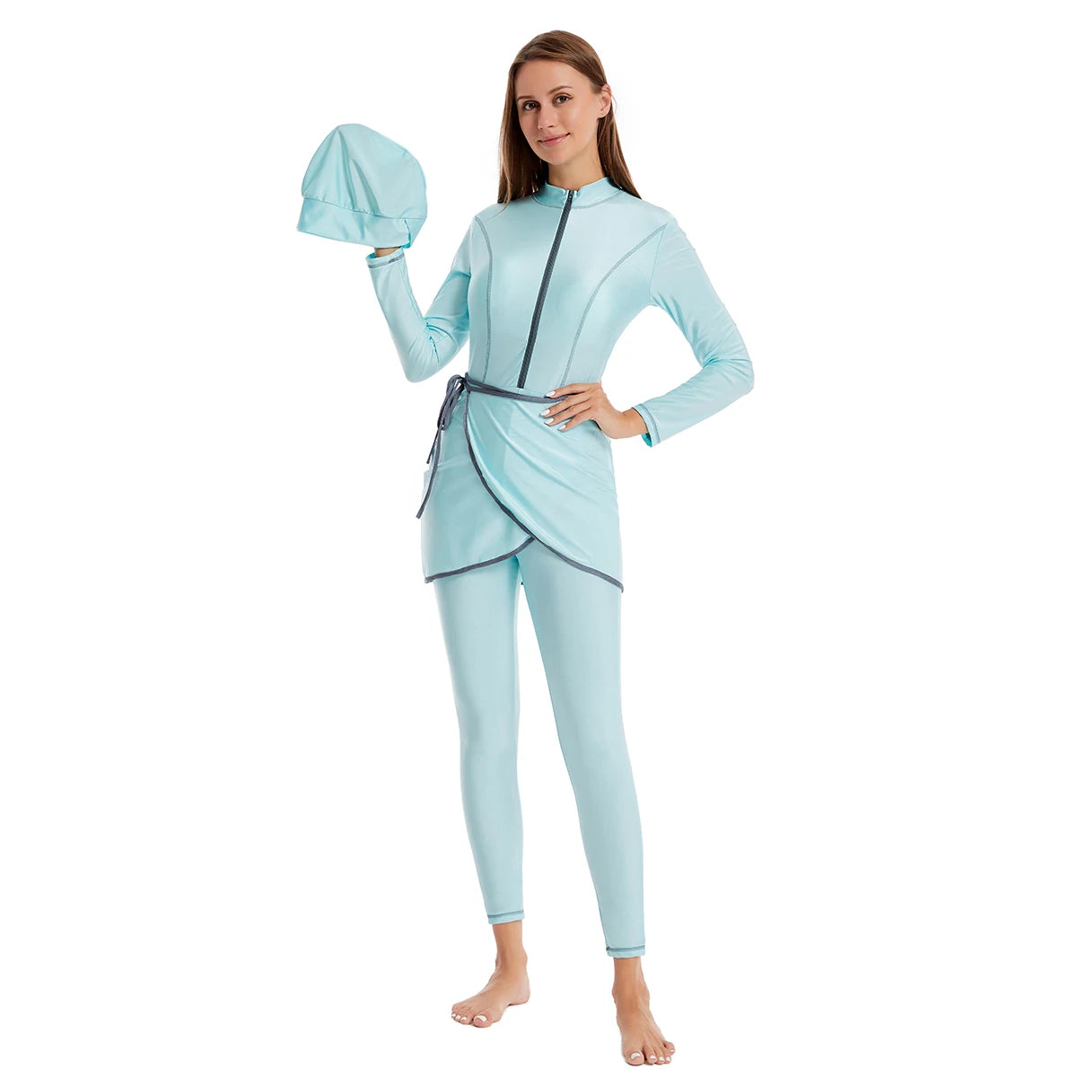 H1030 Muslim Women Full Coverage 3 PCS Swimming Clothes Arab Lady Long Sleeves Color-mathcing Bathing Suit Skirt and Cap Set