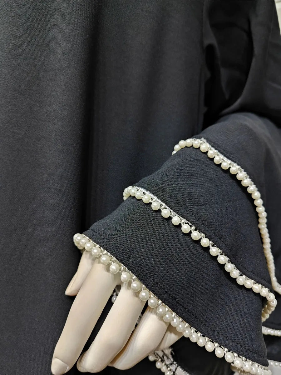 Eid Party Abaya for Women Muslim Cardigan Beading Flare Sleeve Black Abayas Jalabiya Morocco Kaftan Vestidos Dubai Ramadan Robe