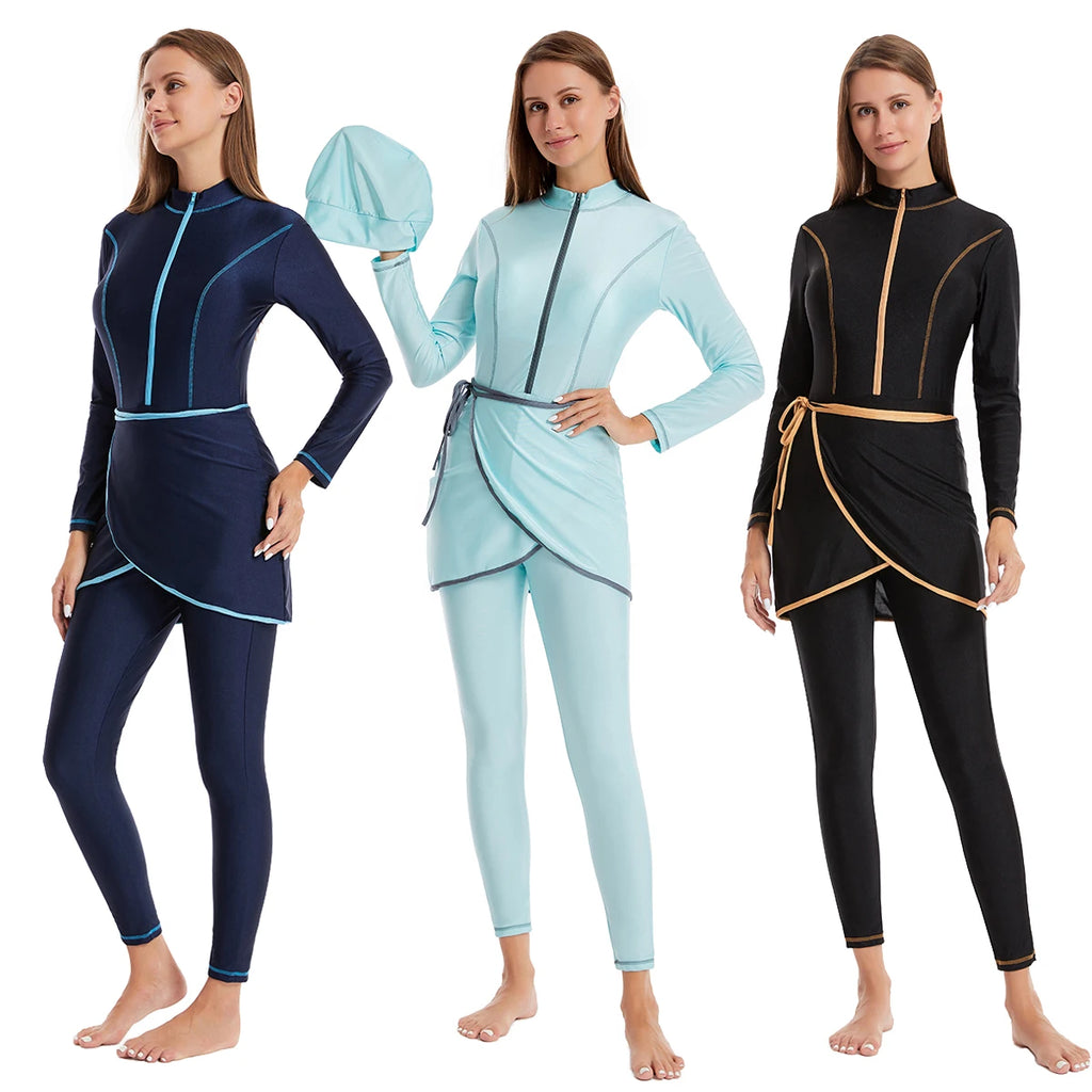 H1030 Muslim Women Full Coverage 3 PCS Swimming Clothes Arab Lady Long Sleeves Color-mathcing Bathing Suit Skirt and Cap Set