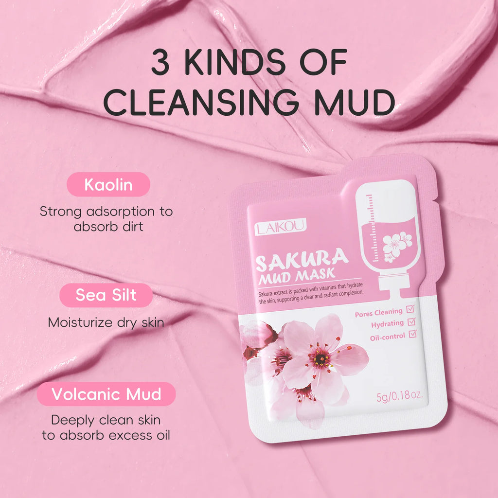 Laikou Sakura Clay Mask Trial Size Hydrating Deep Cleansing Pore Minimizing Brightening Face Mask Skin Care Product Mud Mask 5g