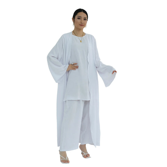 3 Pieces Saudi Arabia Muslim Modest Cardigan for Women Eid Dubai Abaya Dress Islamic Solid Turkey Coat Top Pants Suits Outfits