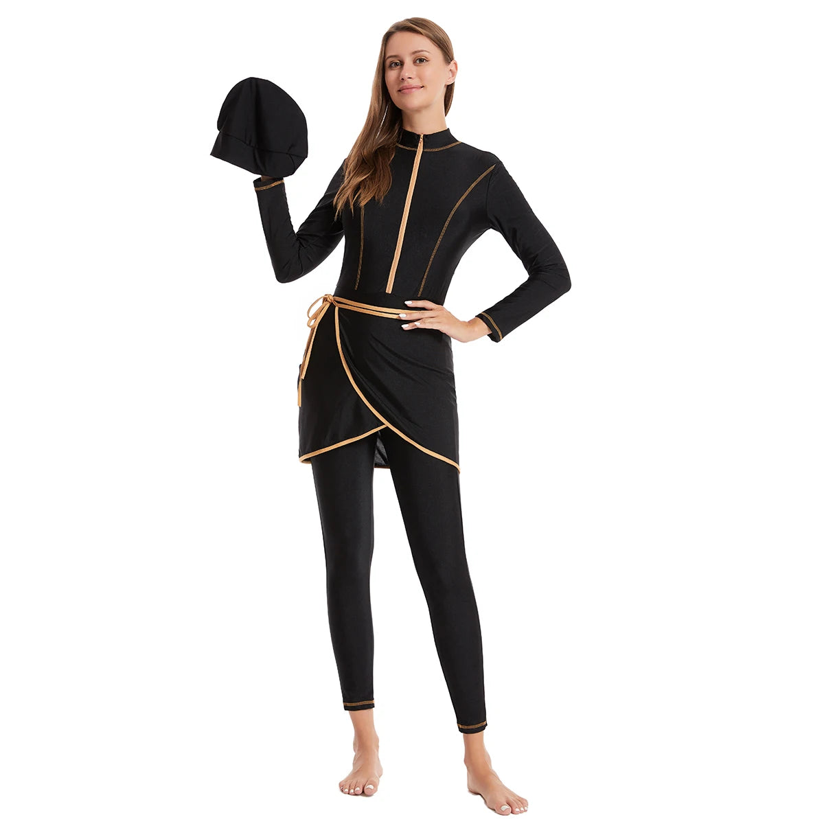 H1030 Muslim Women Full Coverage 3 PCS Swimming Clothes Arab Lady Long Sleeves Color-mathcing Bathing Suit Skirt and Cap Set