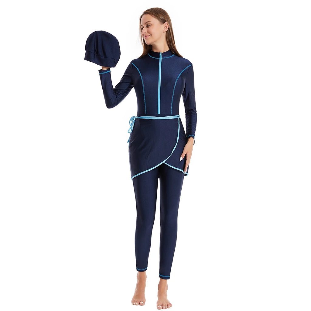 H1030 Muslim Women Full Coverage 3 PCS Swimming Clothes Arab Lady Long Sleeves Color-mathcing Bathing Suit Skirt and Cap Set
