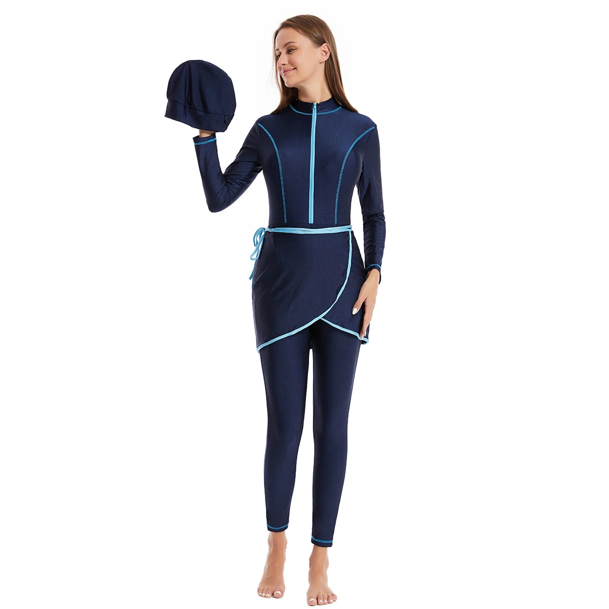 H1030 Muslim Women Full Coverage 3 PCS Swimming Clothes Arab Lady Long Sleeves Color-mathcing Bathing Suit Skirt and Cap Set