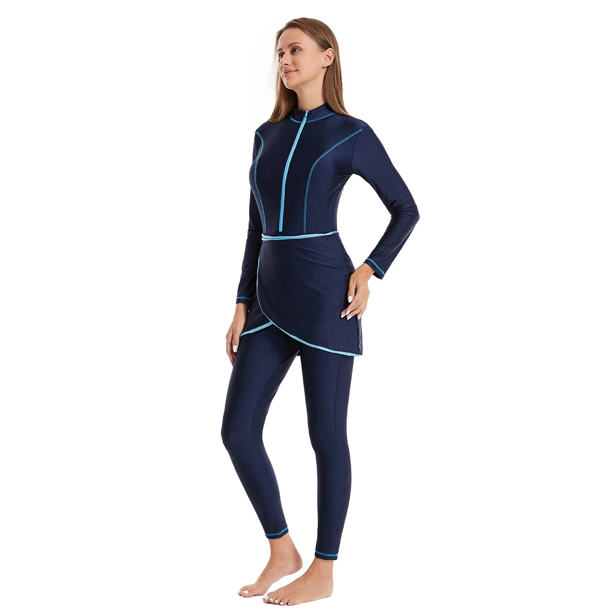 H1030 Muslim Women Full Coverage 3 PCS Swimming Clothes Arab Lady Long Sleeves Color-mathcing Bathing Suit Skirt and Cap Set