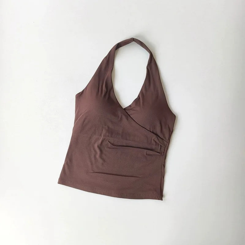 Women's Sexy V-Neck Fitness Bra Nude Sports Bra Hanging Neck Yoga Suit Vest Comfortable Breathable Gym Top for Active Wear
