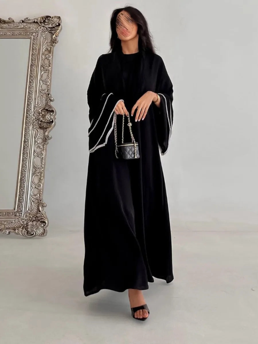Eid Party Abaya for Women Muslim Cardigan Beading Flare Sleeve Black Abayas Jalabiya Morocco Kaftan Vestidos Dubai Ramadan Robe