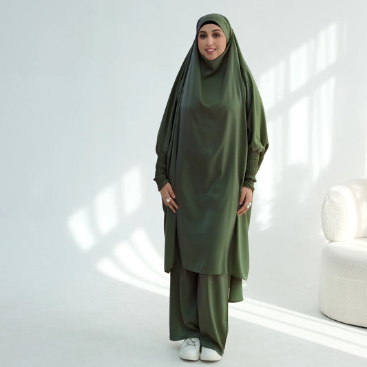 2PCS Ramadan Muslim Set Women Khimar Pants Islam Clothing Eid Hooded Abaya Arabic Robe Dress Prayer Garment Djellaba Jalabiya