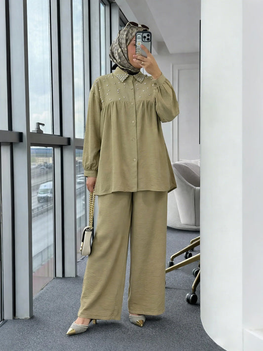 2PCS Muslim Sets Women Beaded Shirt and Wide Leg Pants Islam Clothing Turkey Kaftan Ramadan Outfits Femme Musulmane Ensembles