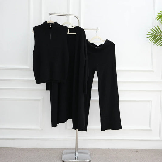 3PCS Women Muslim Sweater Sets Tops Knitted Cardigan Pants Tracksuits Dress Dubai Abaya Turkey Kaftan Ensembles Islam Clothing
