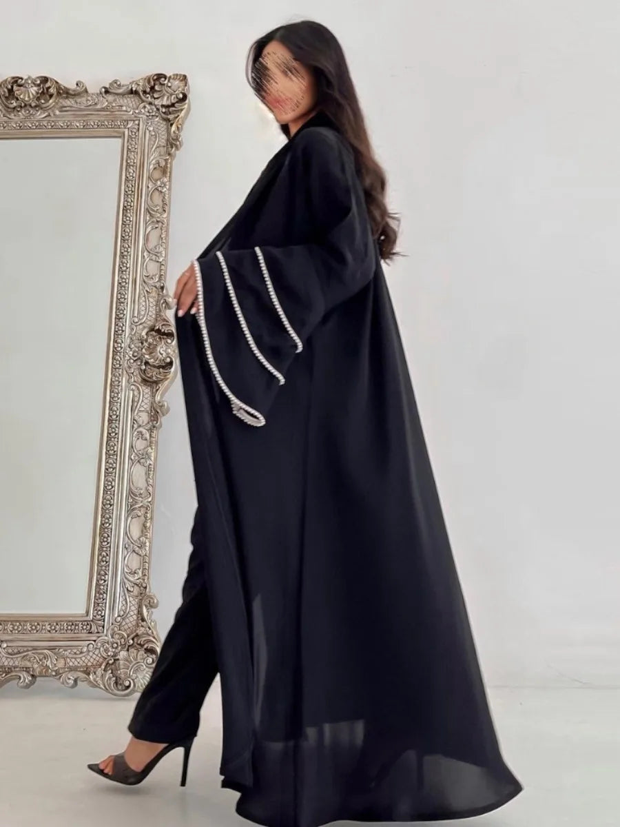 Eid Party Abaya for Women Muslim Cardigan Beading Flare Sleeve Black Abayas Jalabiya Morocco Kaftan Vestidos Dubai Ramadan Robe