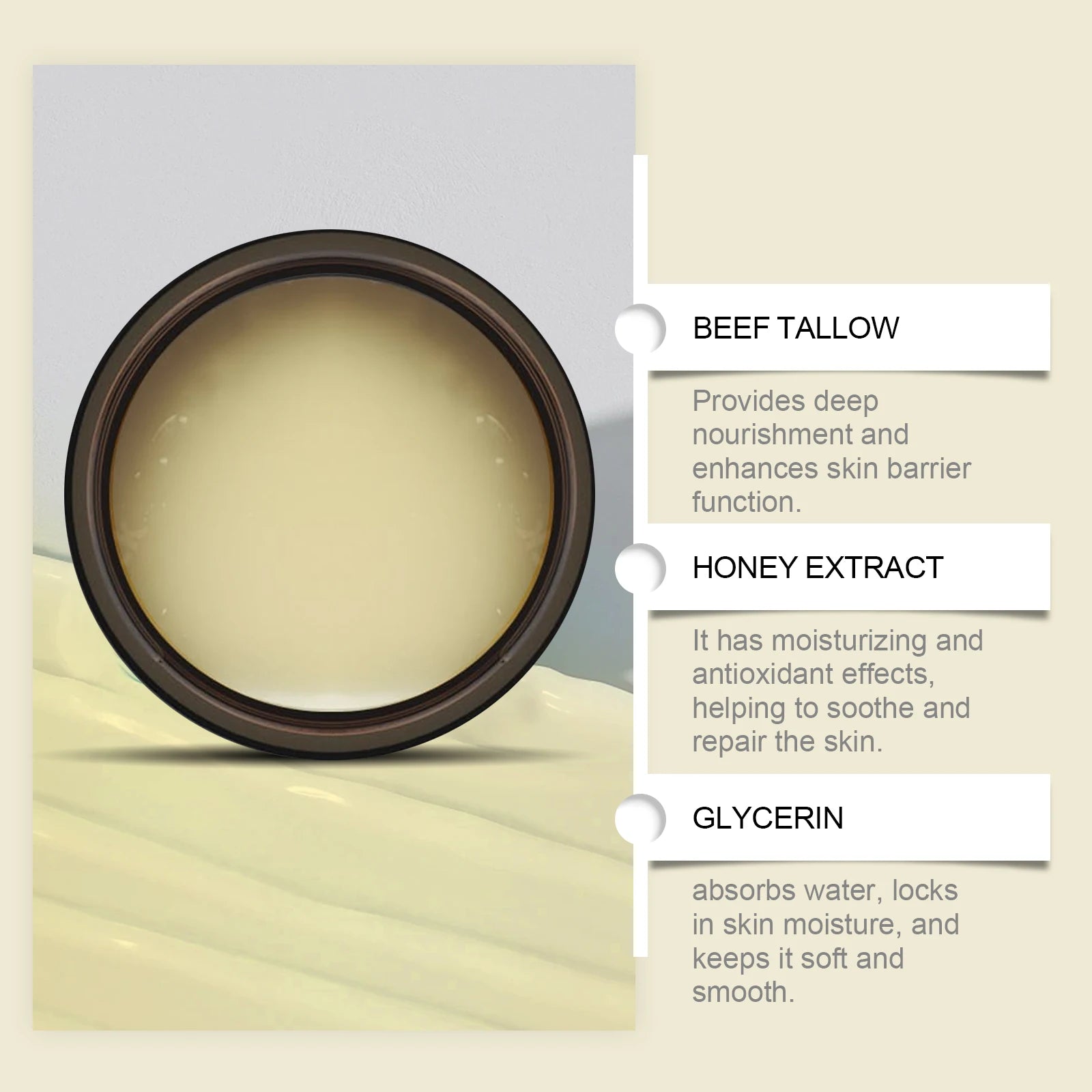WoodSleep 60g Beef Tallow Honey Face Moisturizer - Intense Hydration for Dry Skin, Anti-Chapping Winter Skincare for Women & Men