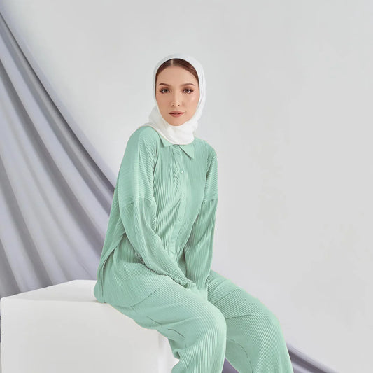 2 Piece Set Female Buttons Muslim Women Fashion Tops Long Pants Pleated Modest Shirt Trousers Abaya Dress Kaftan Outfits Clothes