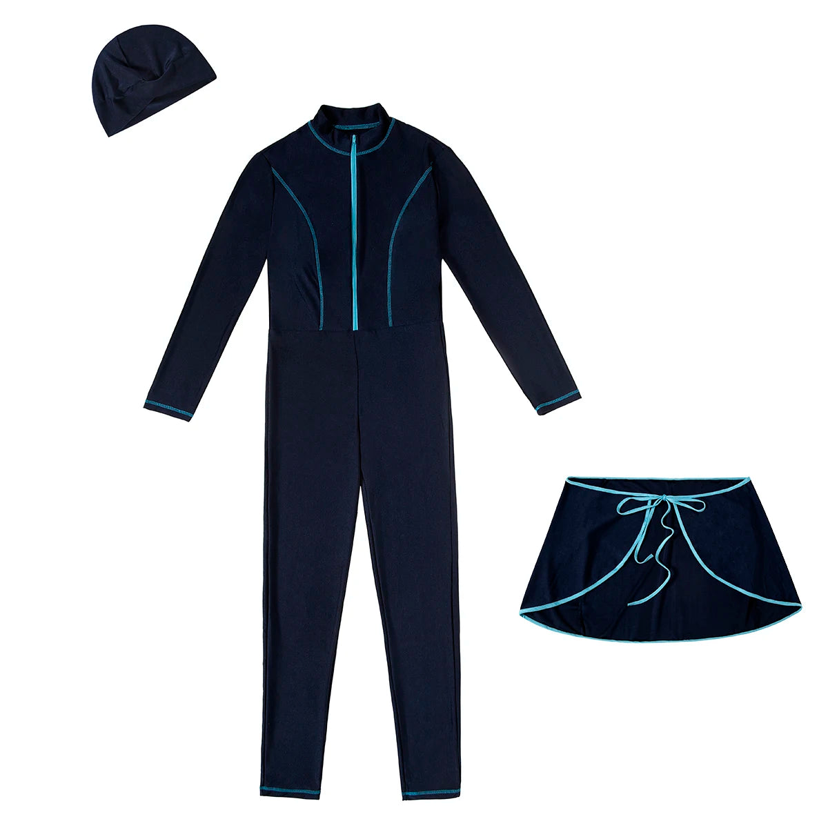 H1030 Muslim Women Full Coverage 3 PCS Swimming Clothes Arab Lady Long Sleeves Color-mathcing Bathing Suit Skirt and Cap Set