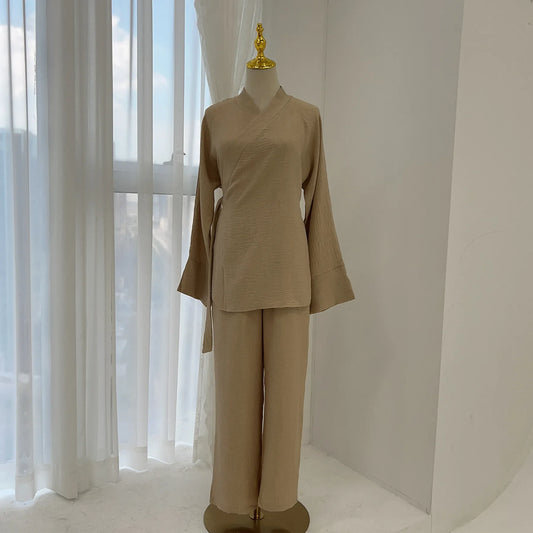 2 Piece Dubai Muslim Women Clothing Elegant Middle East Modest Top and Pants Sets 2024 Islamic Turkish Clothes Solid Outfits